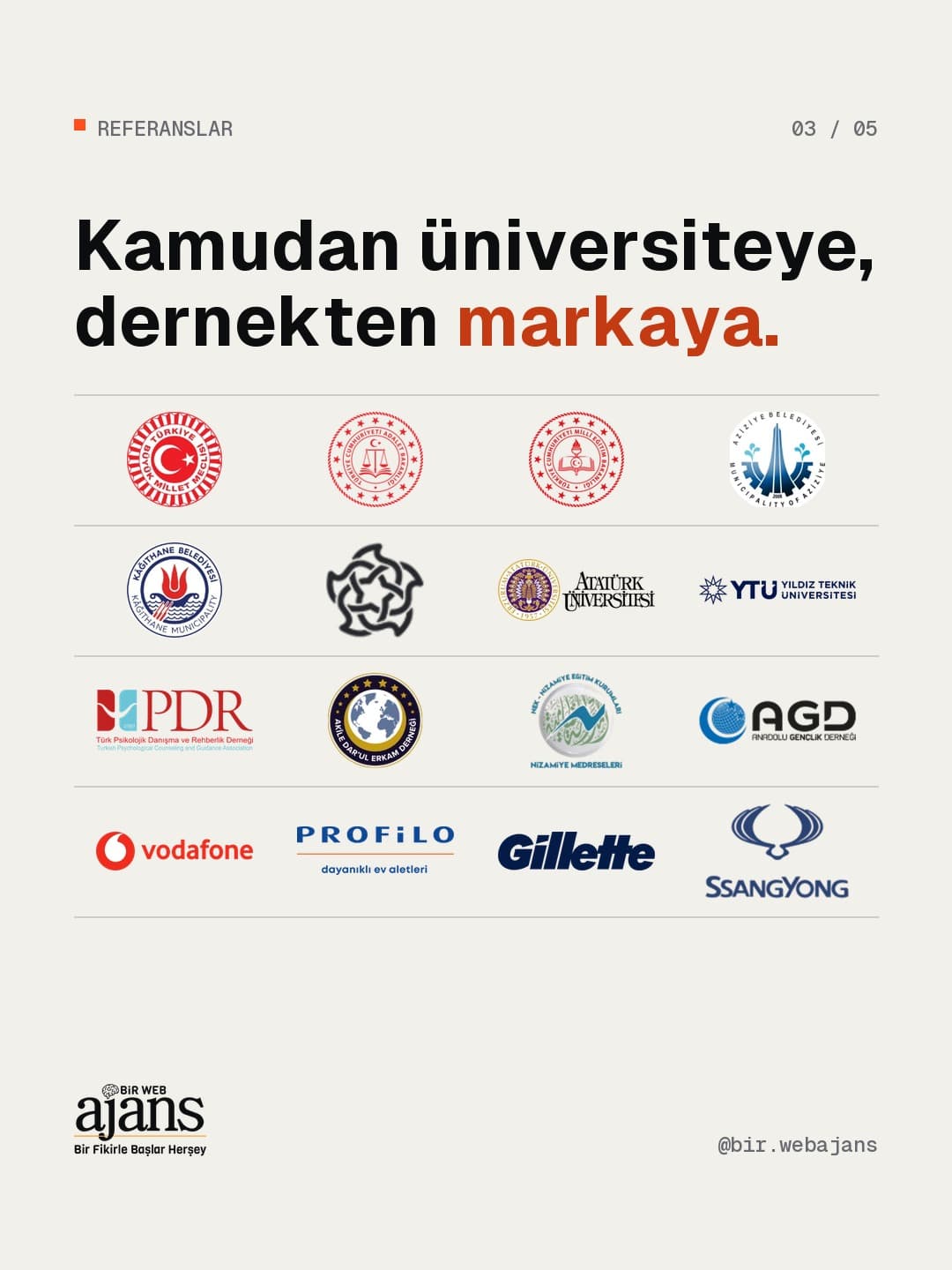 Referanslar: kamu kurumları, üniversiteler, dernekler ve markalar.